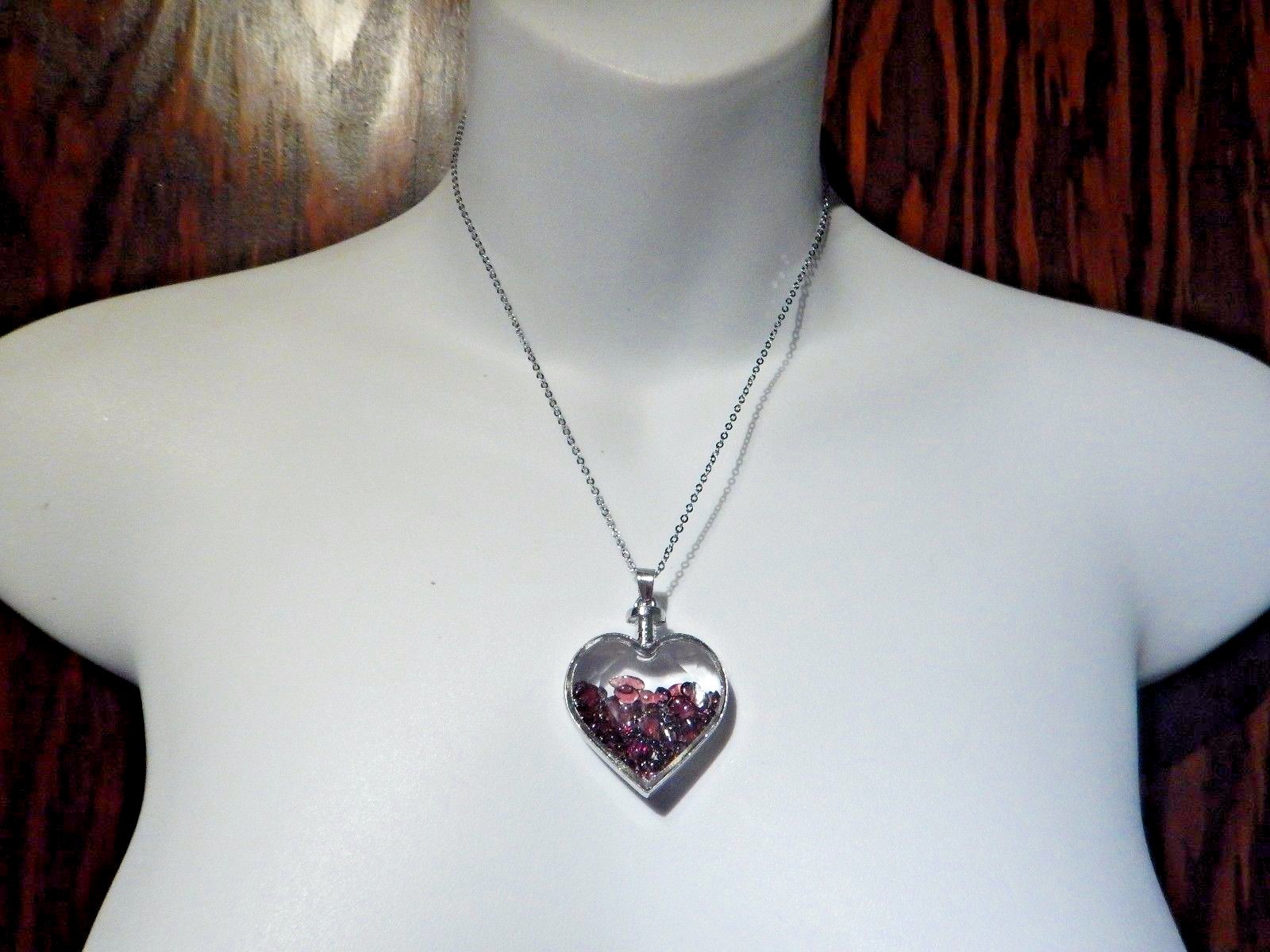 GARNET CRYSTAL LOCKET heart glass quartz gemstone Valentine necklace red love E3