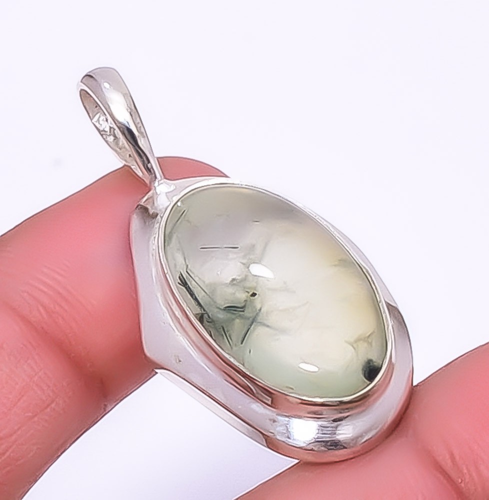 Prehnite Gemstone 925 Silver Plated Handmade Jewelry Pendant 1.64″ A399