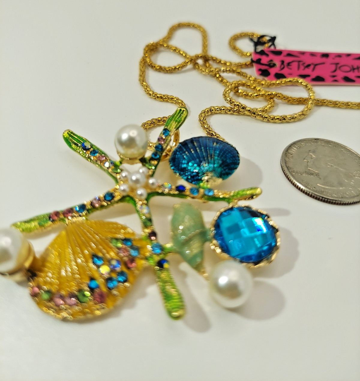 Betsey Johnson Pearl Starfish Seashell Necklace Gold Teal Green Rhinestone-Gift