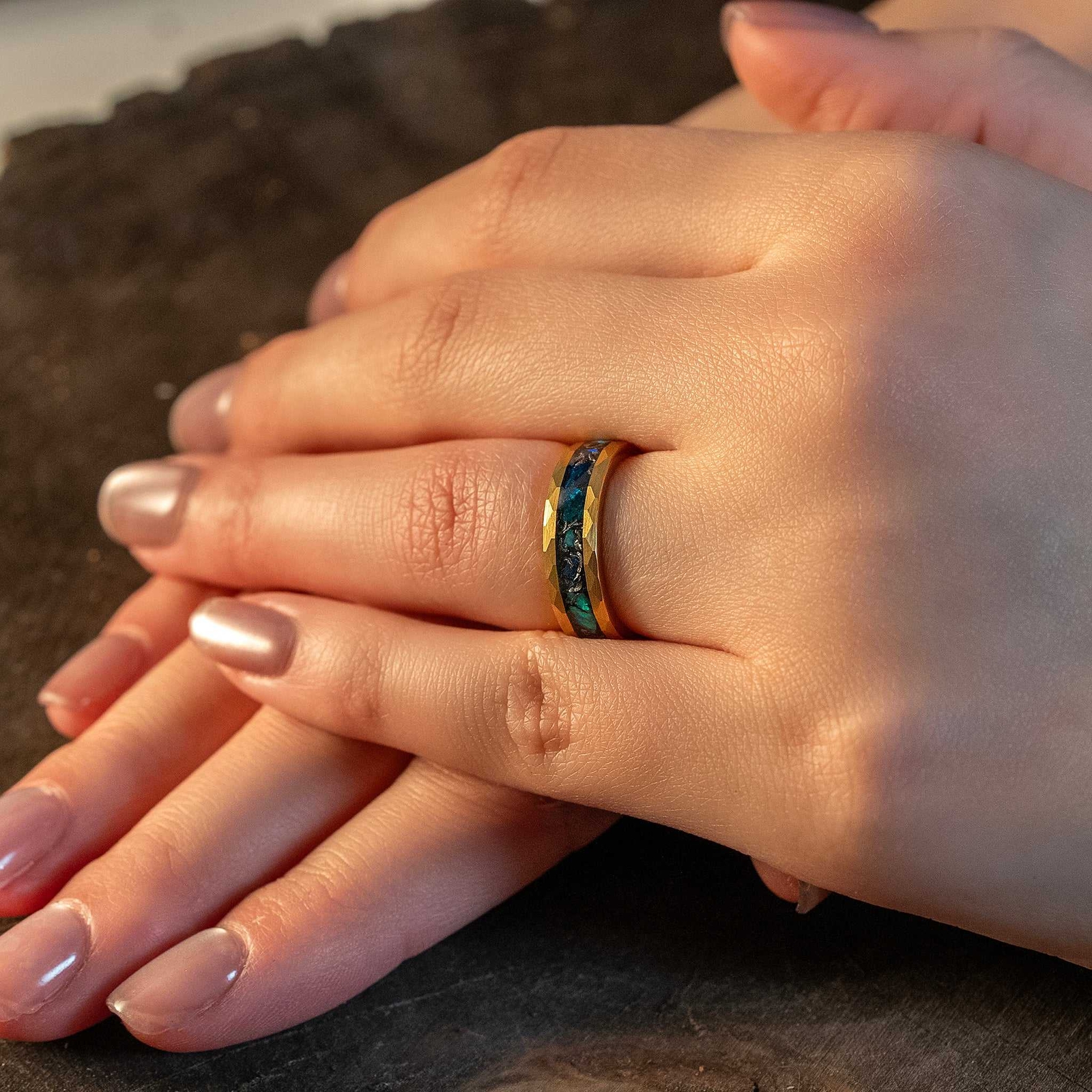 Womens Green Opal Meteorite Band Gold Hammered Tungsten Wedding Ring 6mm