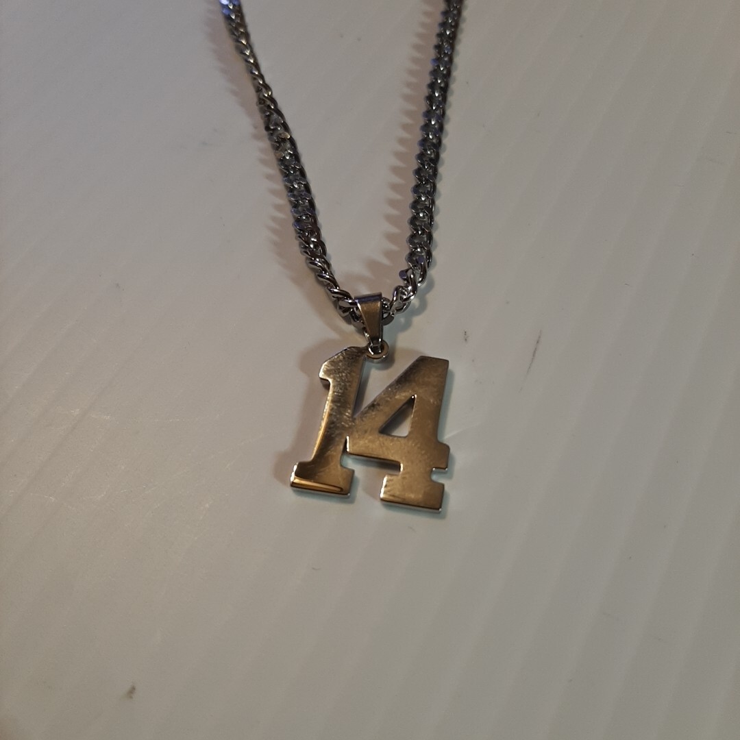 #14 BASEBALL FOOTBALL NUMBER Pendant Charm / 18″-24″ STAINLESS CHAIN NECKLACE