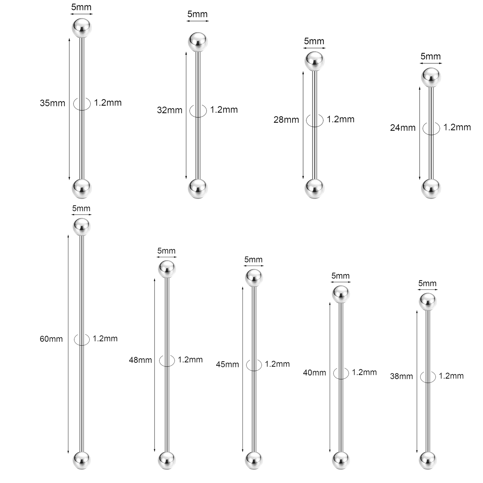 12mm-60mm Stainless Steel Industrial Barbell Piercing Cartilage Earrings Jewelry