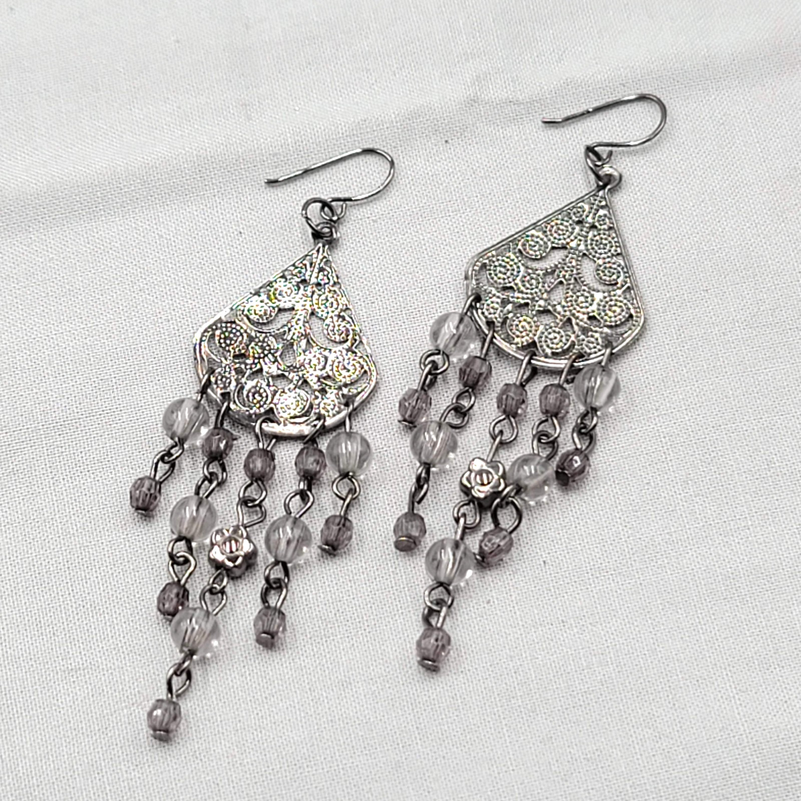Dark Gray Embossed Metal Chandelier Pierced Earrings Dangle Lightweight 3″