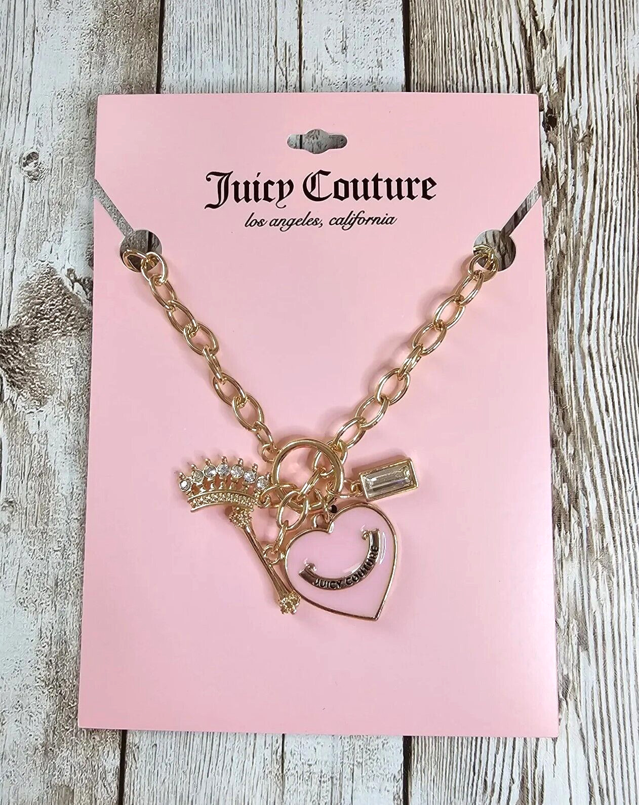 Juicy Couture Pink Enamel 1″ Heart Charm Crown 17″ Toggle Pendant Necklace NWT