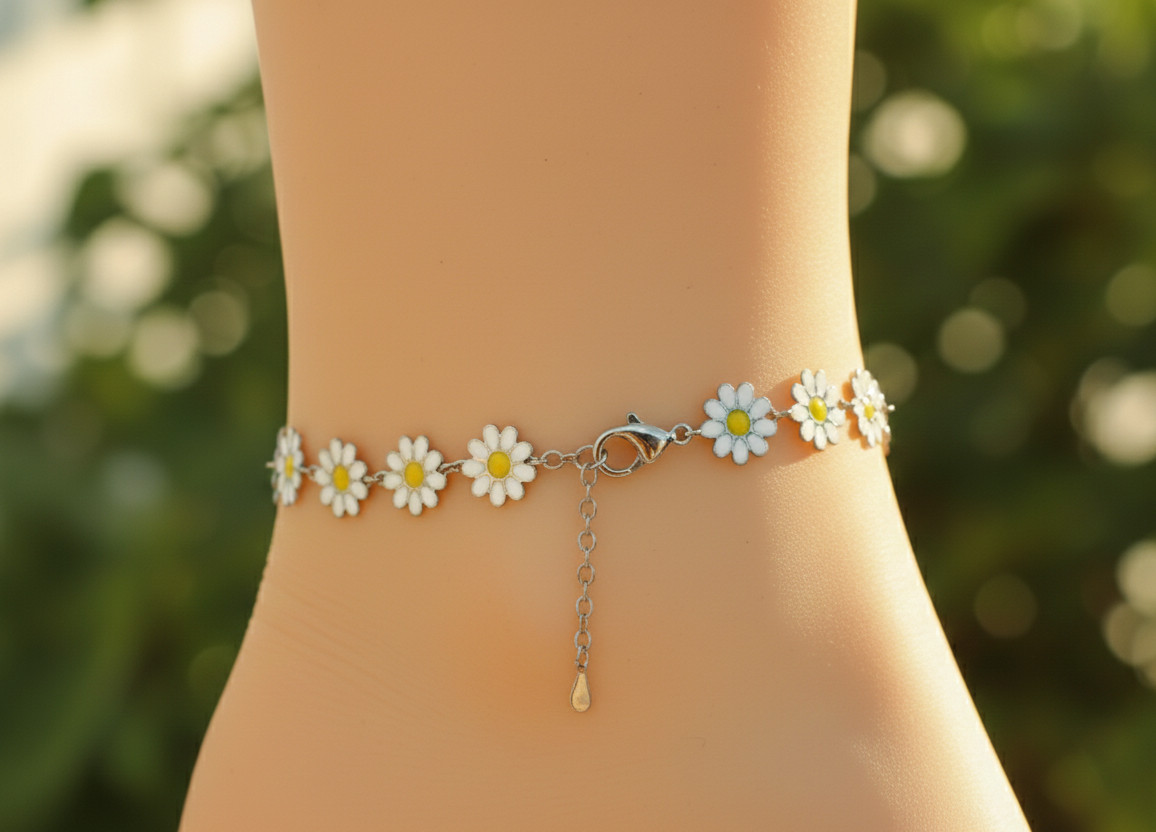 Boho Daisy Flower Charm Anklet Silver Plated Brass Chain White Floral Enamel