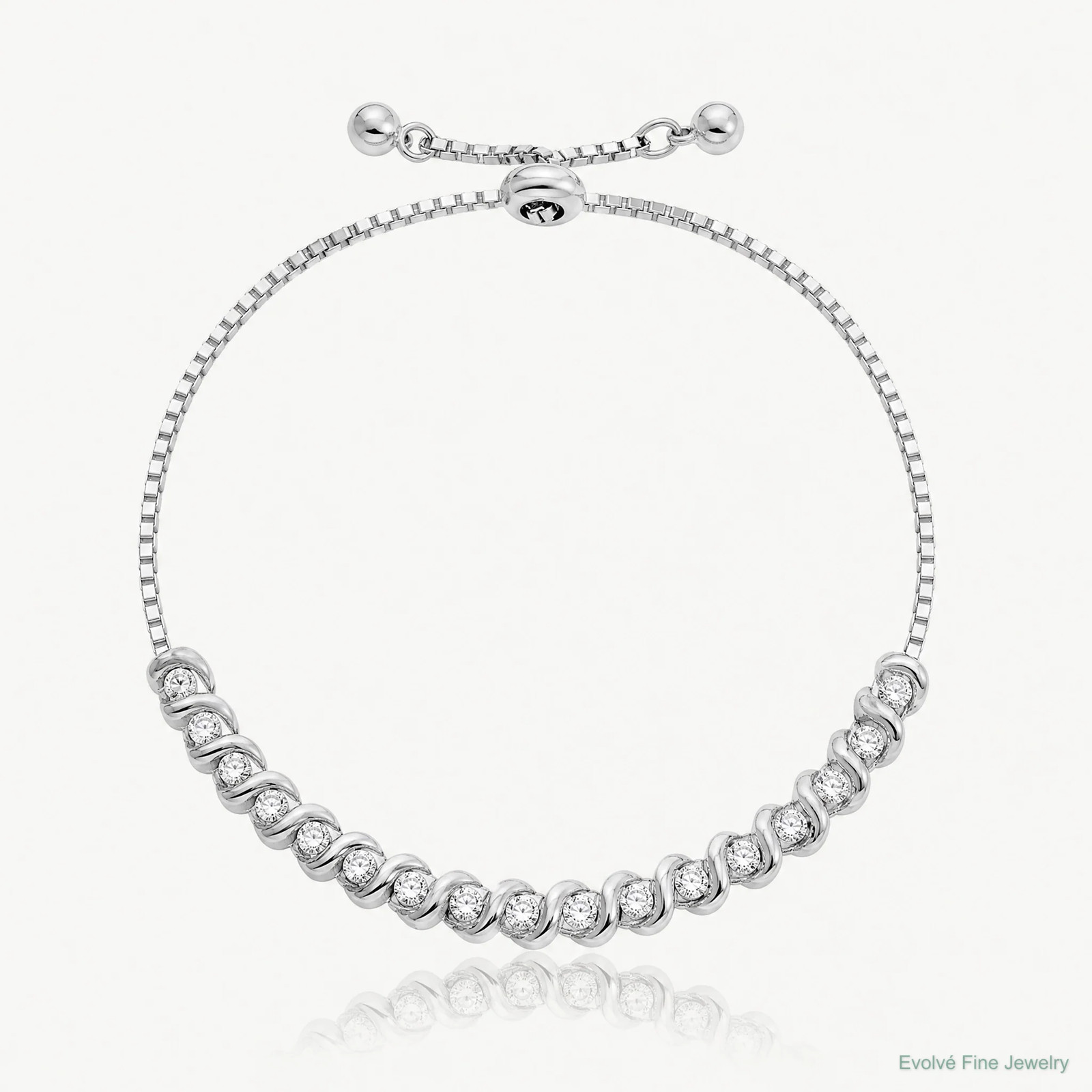 Sterling Silver Polished Rhodium-Plated CZ Adjustable Bracelet