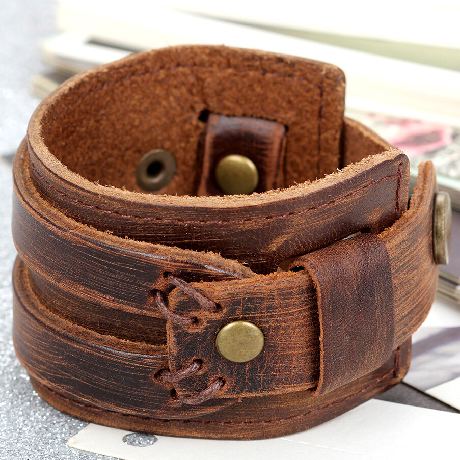 Wide Genuine Leather Bangle Cuff Bracelet Mens Womens Wristand Black / Brown