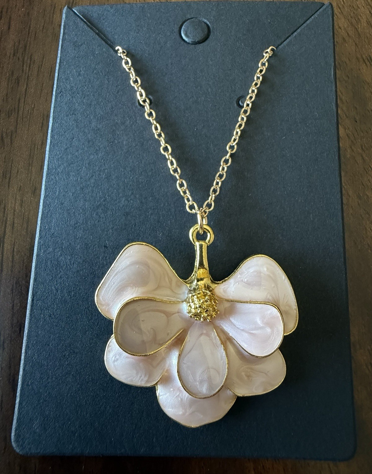 Vintage Golden Rose Pink Enamel Floral Petal Pendant Necklace – Cable Chain