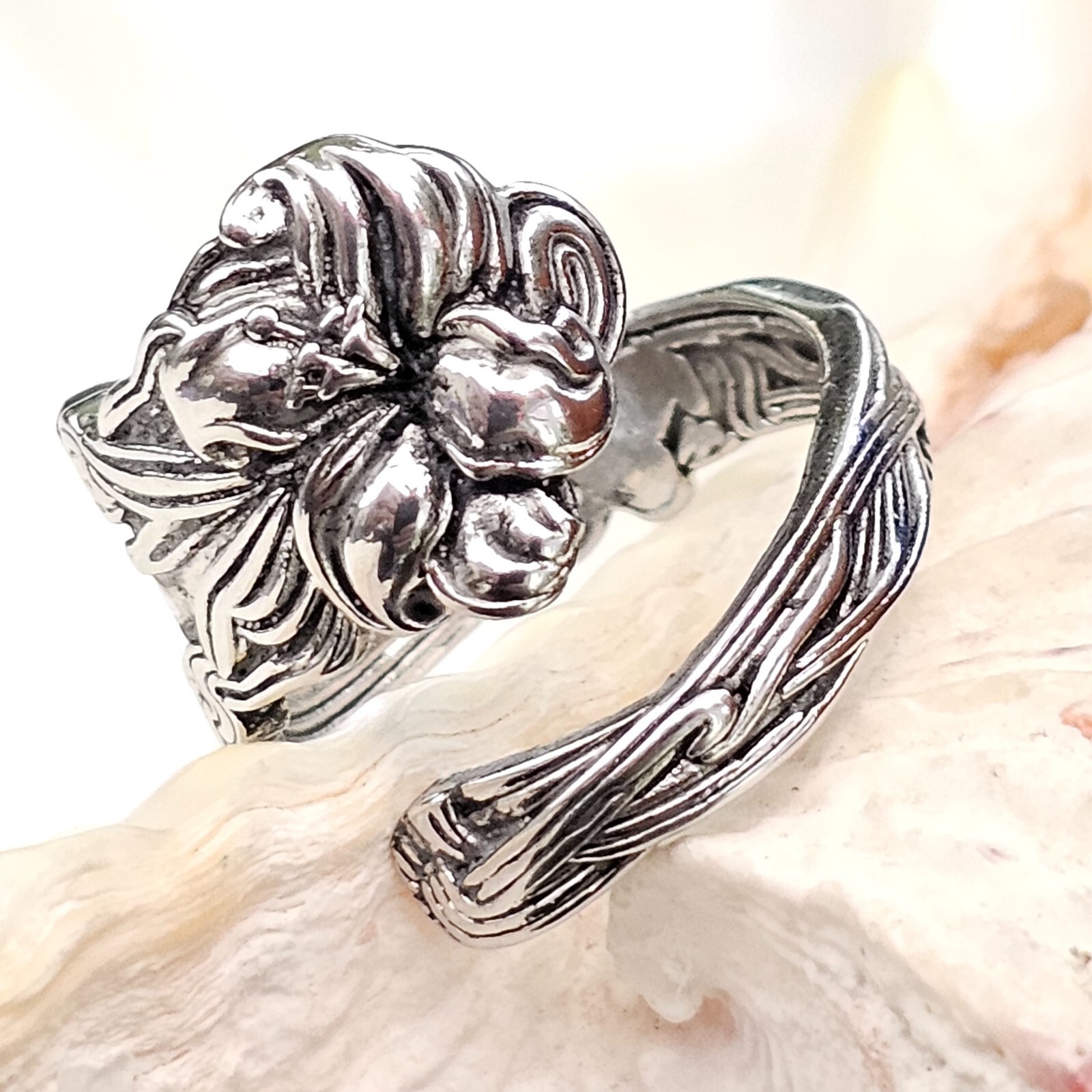 Lily Flower Spoon Ring Adjustable Silver Plated Stargazer Floral Boho & Boxed