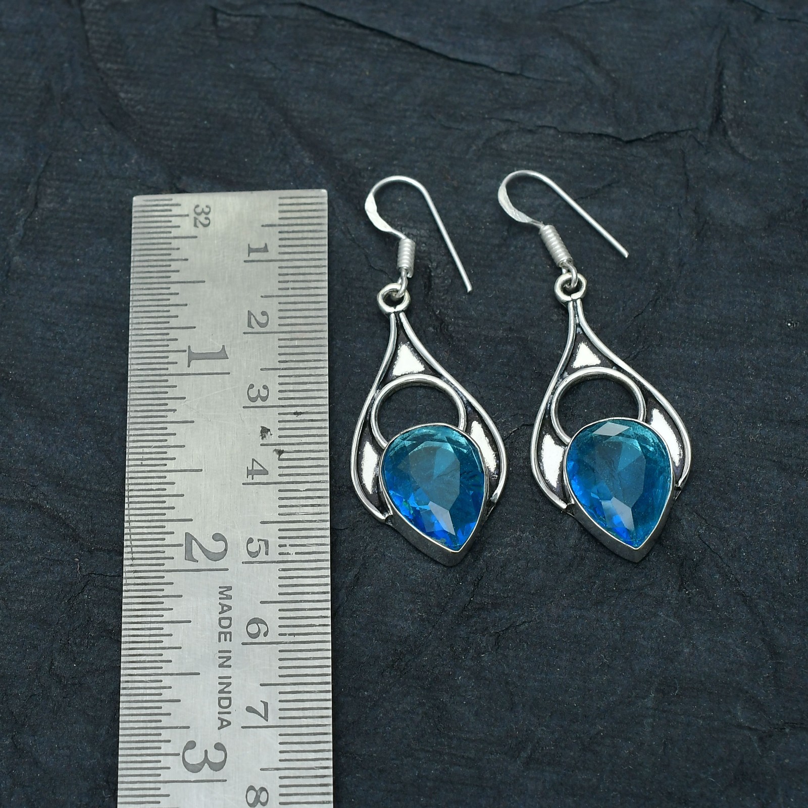 Blue Topaz (Lab-Created) Gemstone 925 sterling silver Handmade Earring 1.96″