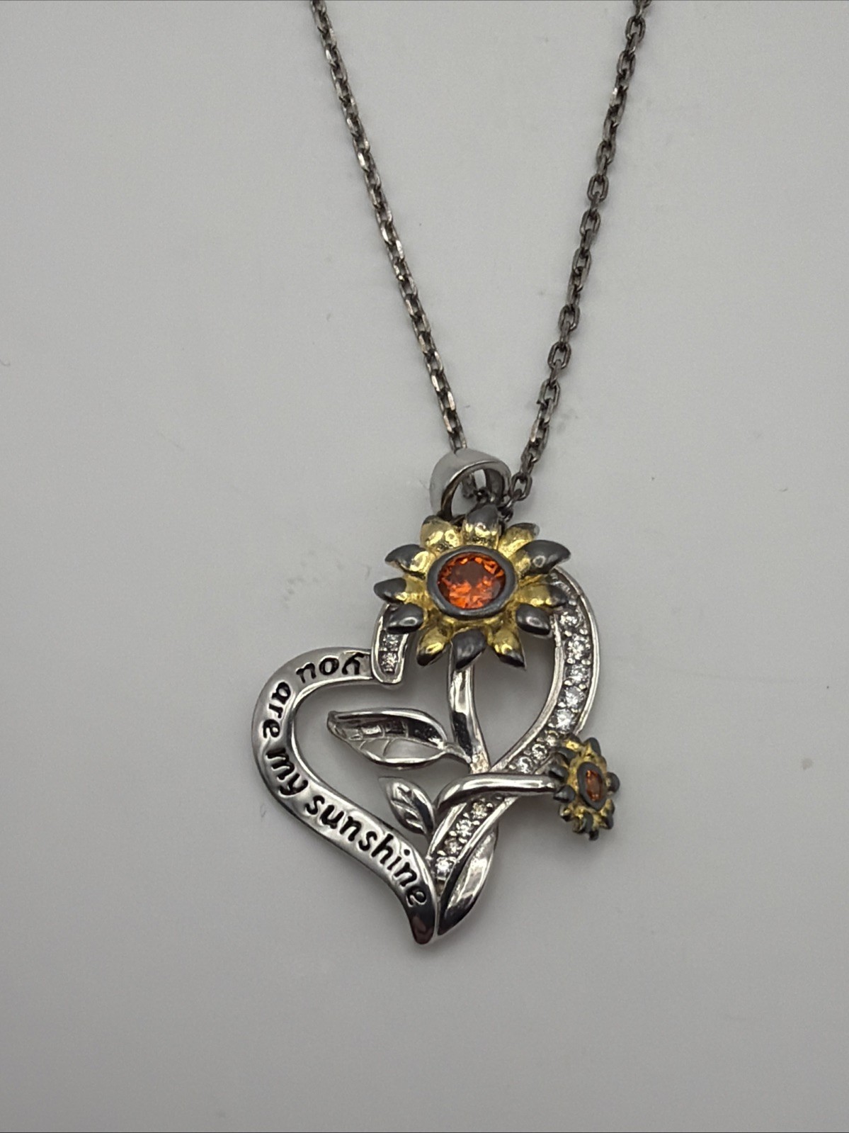 925 Sterling Silver You Are My Sunshine Heart Sunflower Pendant Chain Necklace￼