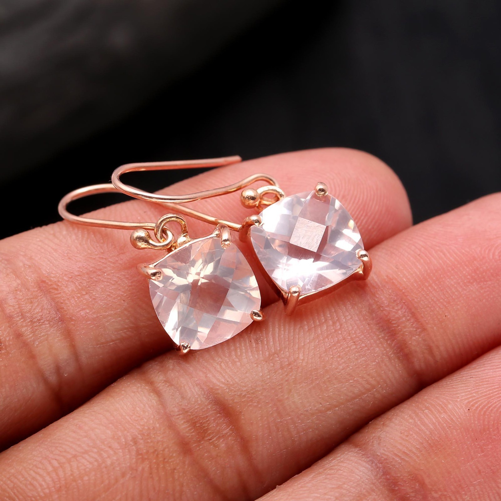 Natural Rose Quartz Cushion Dangle Earrings Rose Gold Fill Solid Silver Jewelry