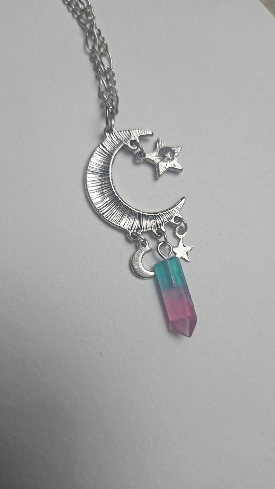 ​Silver Celestial Moon Star Necklace with Blue Purple Crystal Prism
