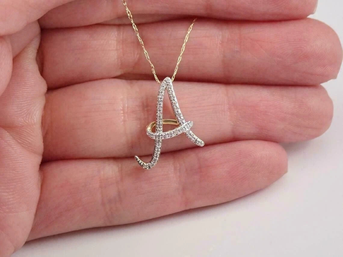 1.25Ct Simulated Diamond A-Letter Pendant 18”Free Chain 14k Yellow Gold Plated