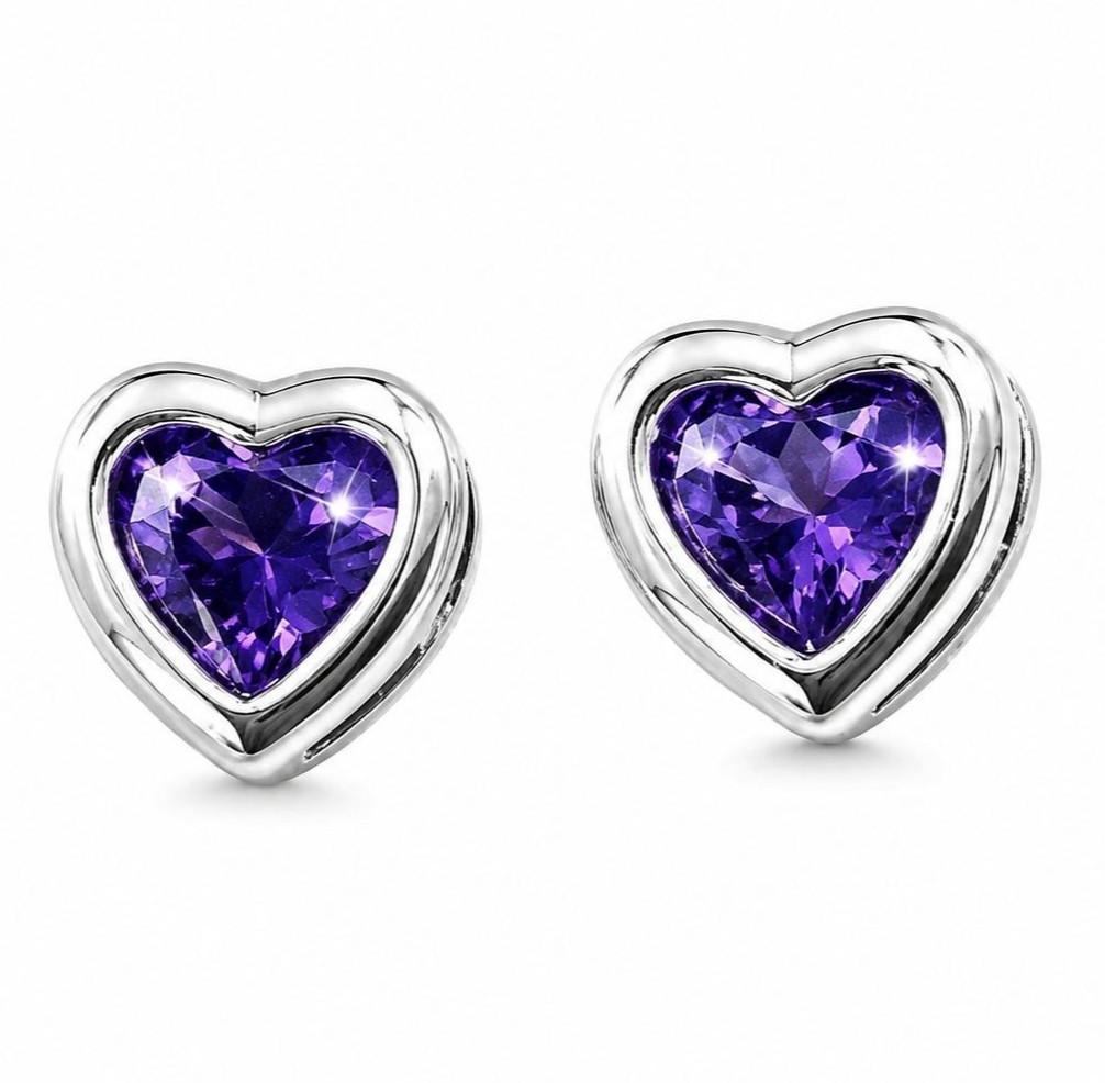 Vintage Heart Stud Earrings Made with Swarovski Crystals Purple Amethyst NOS