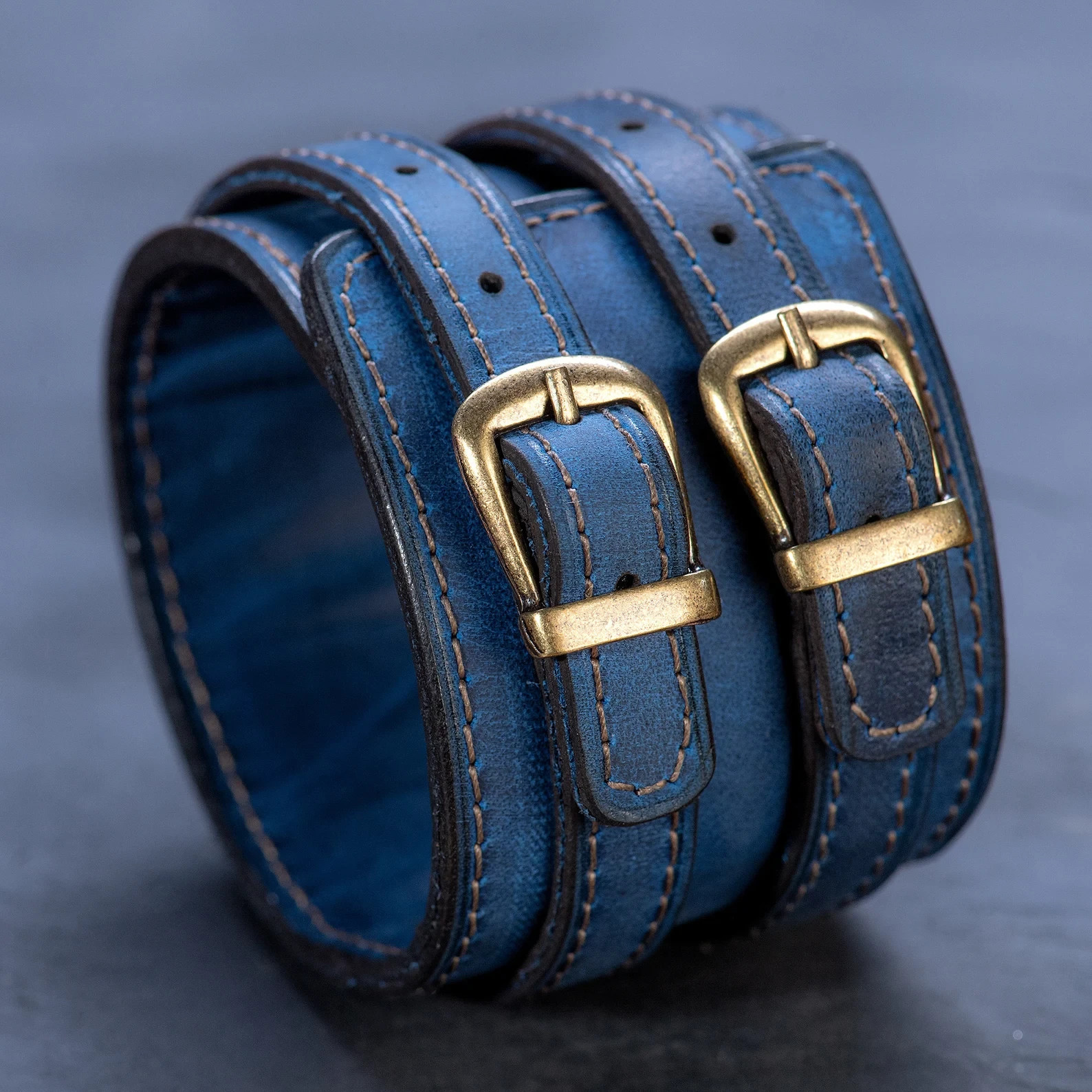 Engraved Black Leather Double Strap Cuff Bracelet,Adjustable Buckle Wristband
