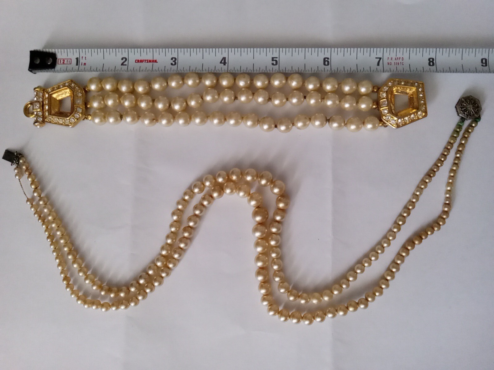 Nolan Miller Triple Strand Pearl & Gold ton with Crystal Bracelet and Necklace