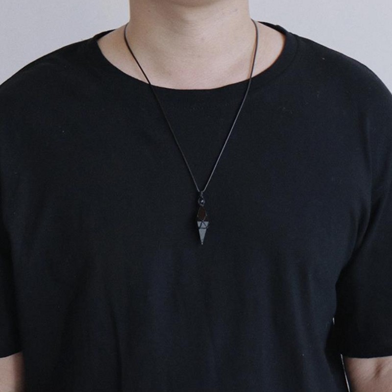 Natural black obsidian crystal rhombus necklace pendant Healing Reiki chain