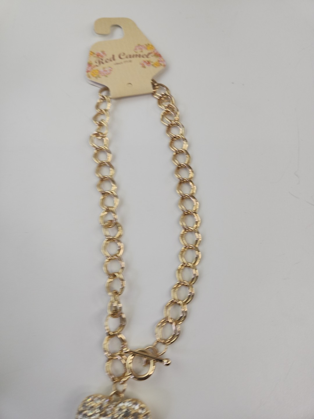 Red Camel Gold tone Link Necklace with Large Rhinestone Puffy Heart Pendant 17″.