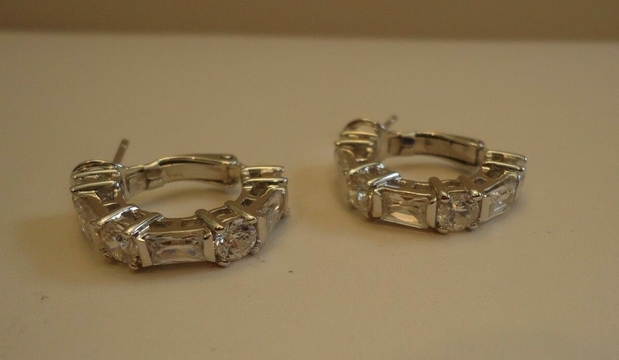 FRENCH CLIP HUGGIE EARRINGS W/ LAB DIAMONDS / 925 STERLING SILVER /24MM BY 5MM