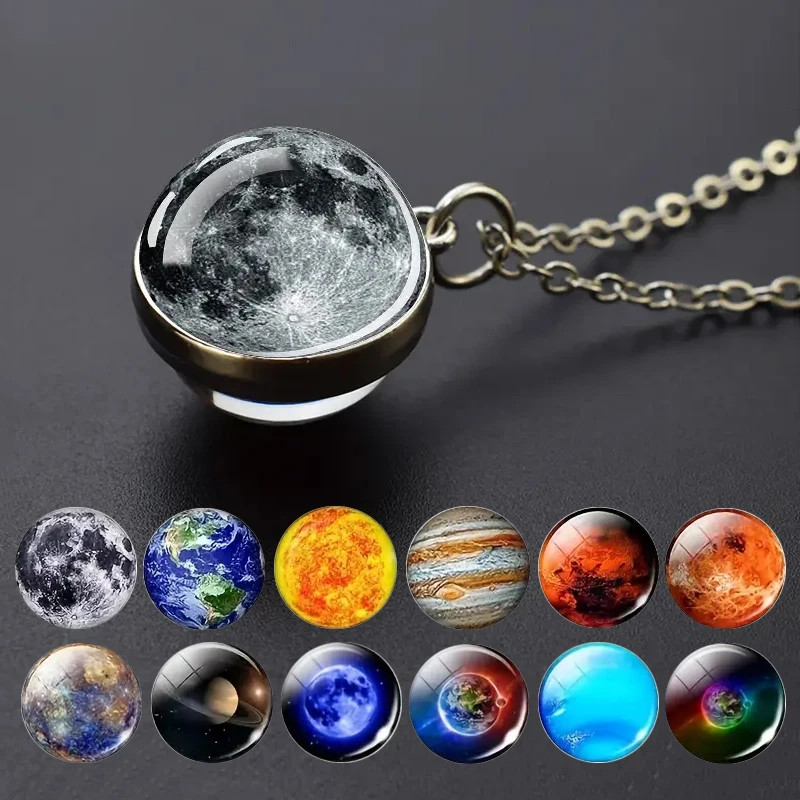 Double Sided Galaxy Planet Glass Ball Pendant Solar System Necklace