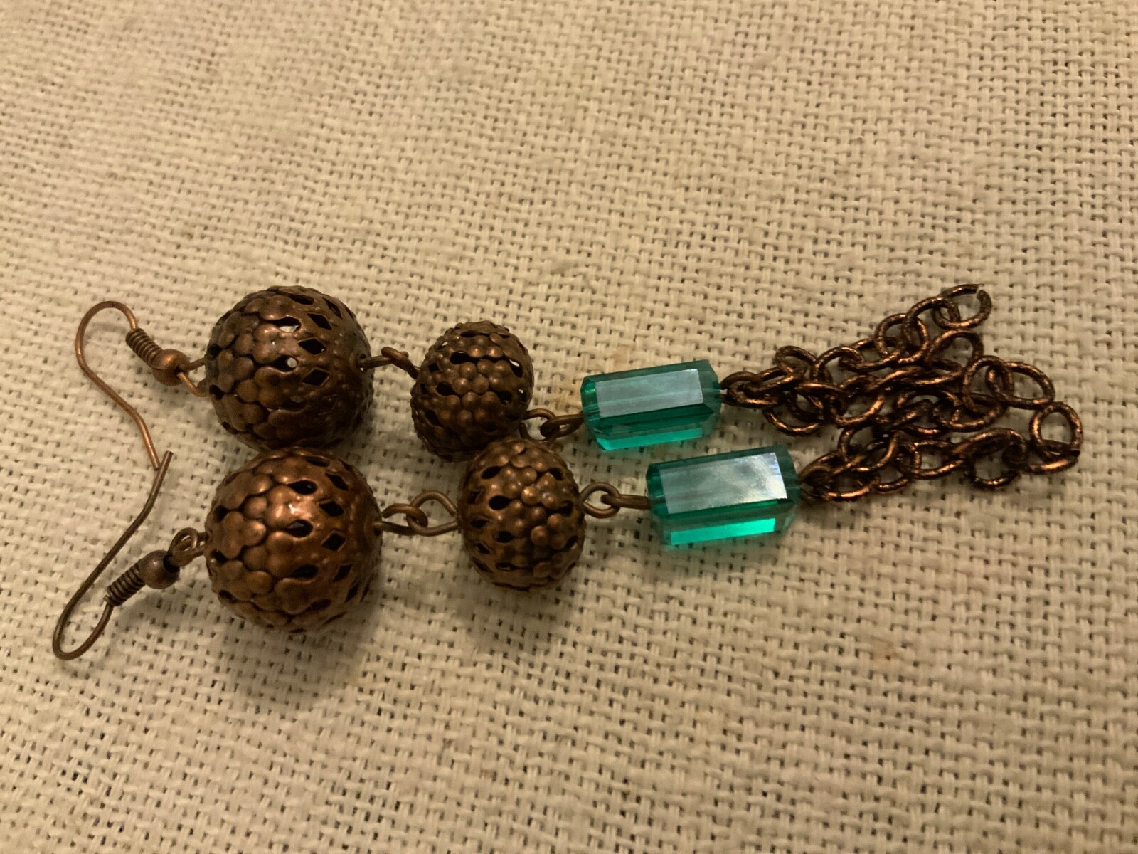 Copper filigree beaded earrings tassel green lucite Duster Opera earrings 3.5in