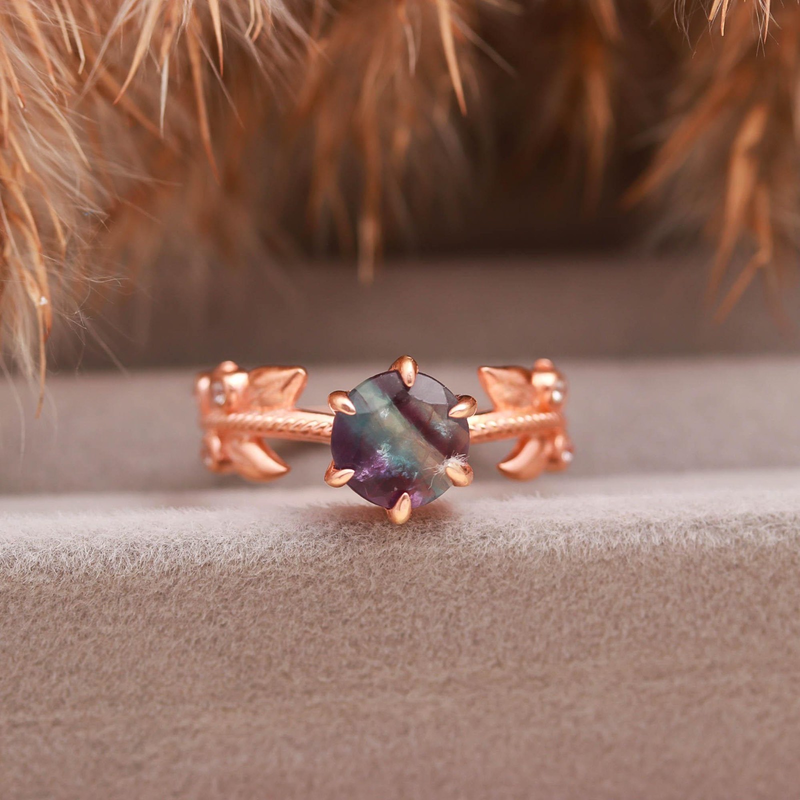 Natural Fluorite Round Ring Rose Gold Plated 925 Sterling Silver Vintage Jewelry