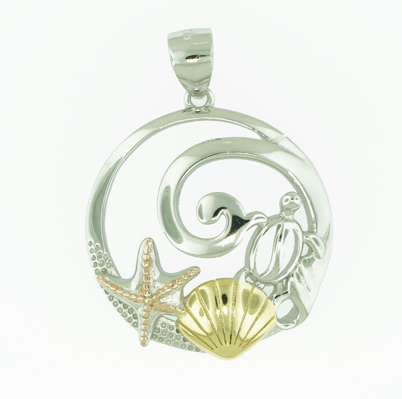 925 Sterling Silver Tri-Color Pendant – Sea life Turtle Starfish Shell Wave
