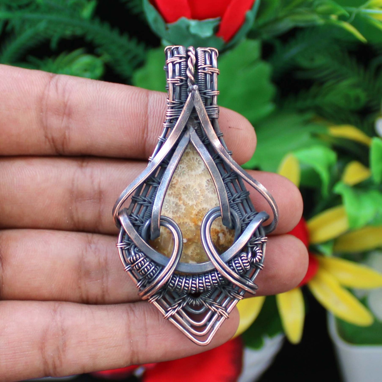 Fossil Coral Handmade Pendant Copper Wire Wrapped Pendant Copper Wire Jewelry