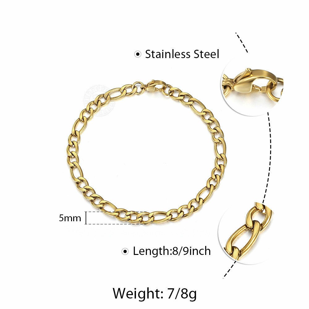 3/5/7/9mm Gold Plated Stainless Steel Figaro Link Chain Bracelet Men Women Jewel