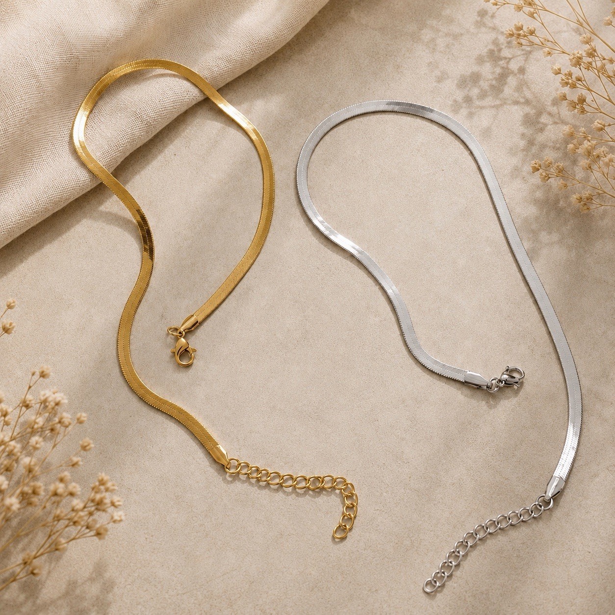 Gold or Silver 4mm Flat Herringbone Chain Choker Necklace 40cm + 4cm Extender