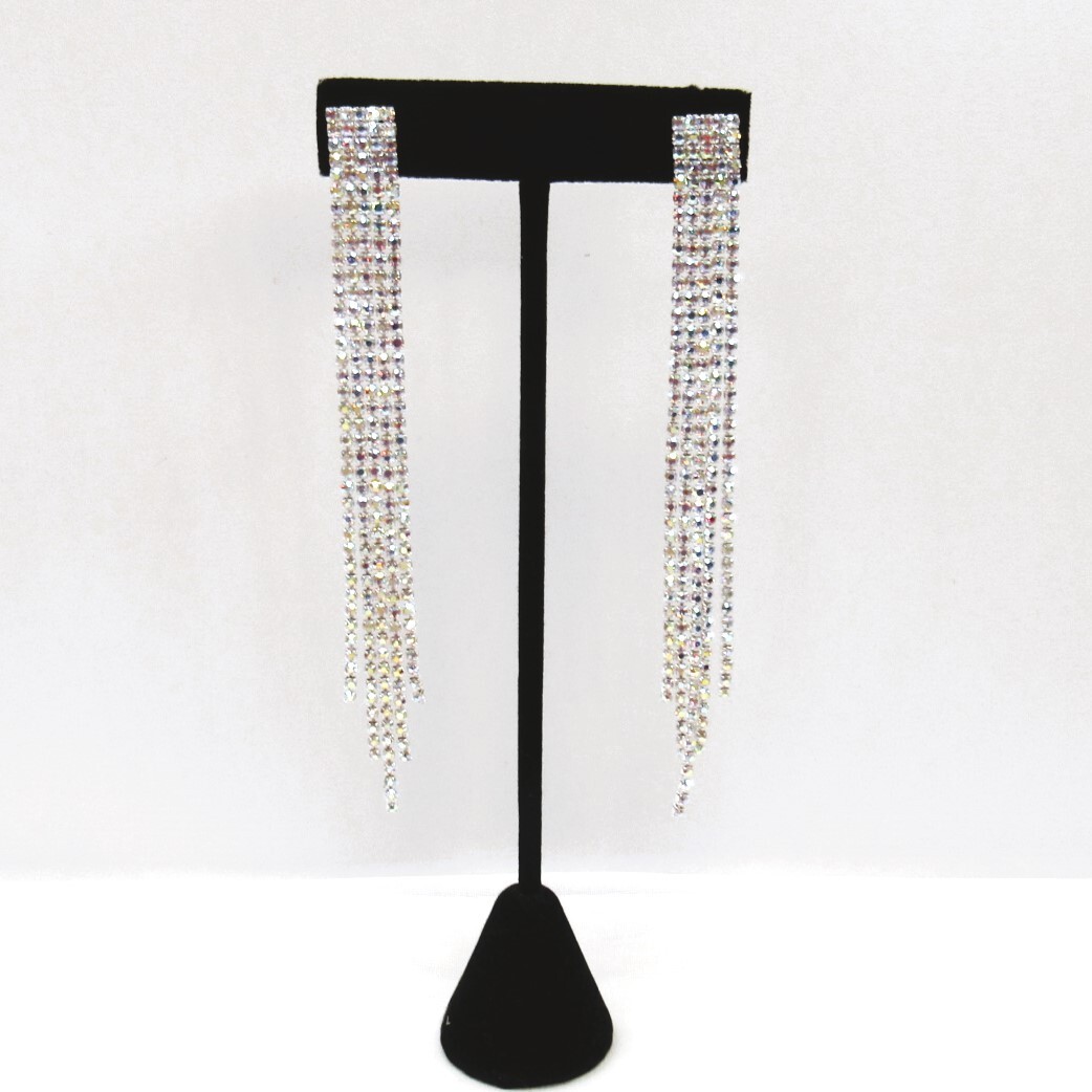 Long Silver Iridescent Rhinestone Sparkle Strand Earrings Wedding Prom #3122