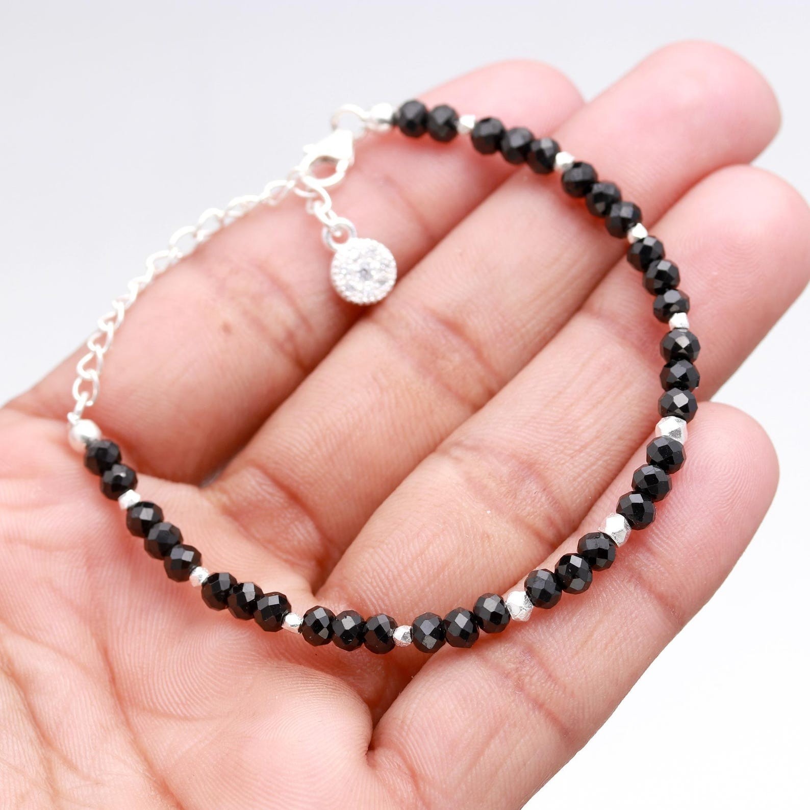 A++ Black Spinal Faceted Round Gemstone Silver Filled Beads Women Bracelet 6-8”