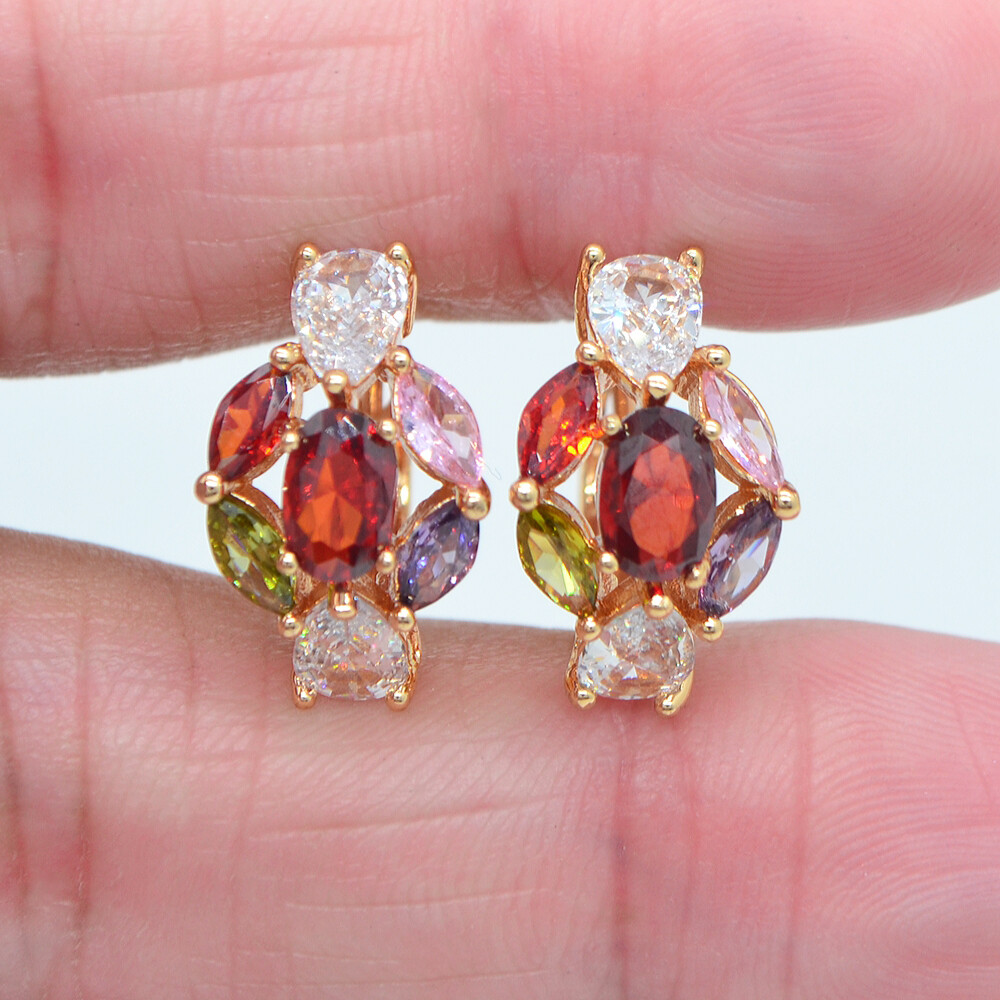 18K Yellow Gold Filled Multicolor Topaz Flower Waterdrop Huggie Earrings