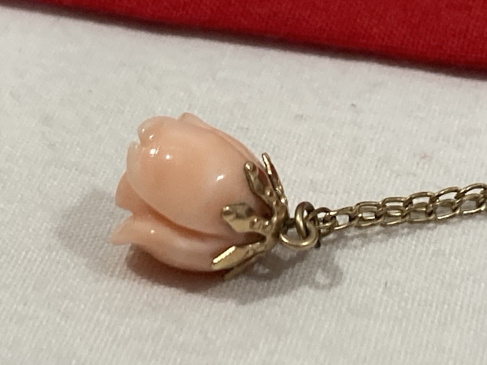 Vintage 1/20 12k G.F. Gold Filled Carved Pink Rose Flower Pendant & Necklace 18”