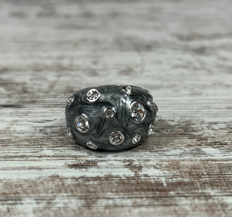 Lia Sophia Panache Ring Size 10 Silver Black Gray Swirls Rhinestones Dramatic!