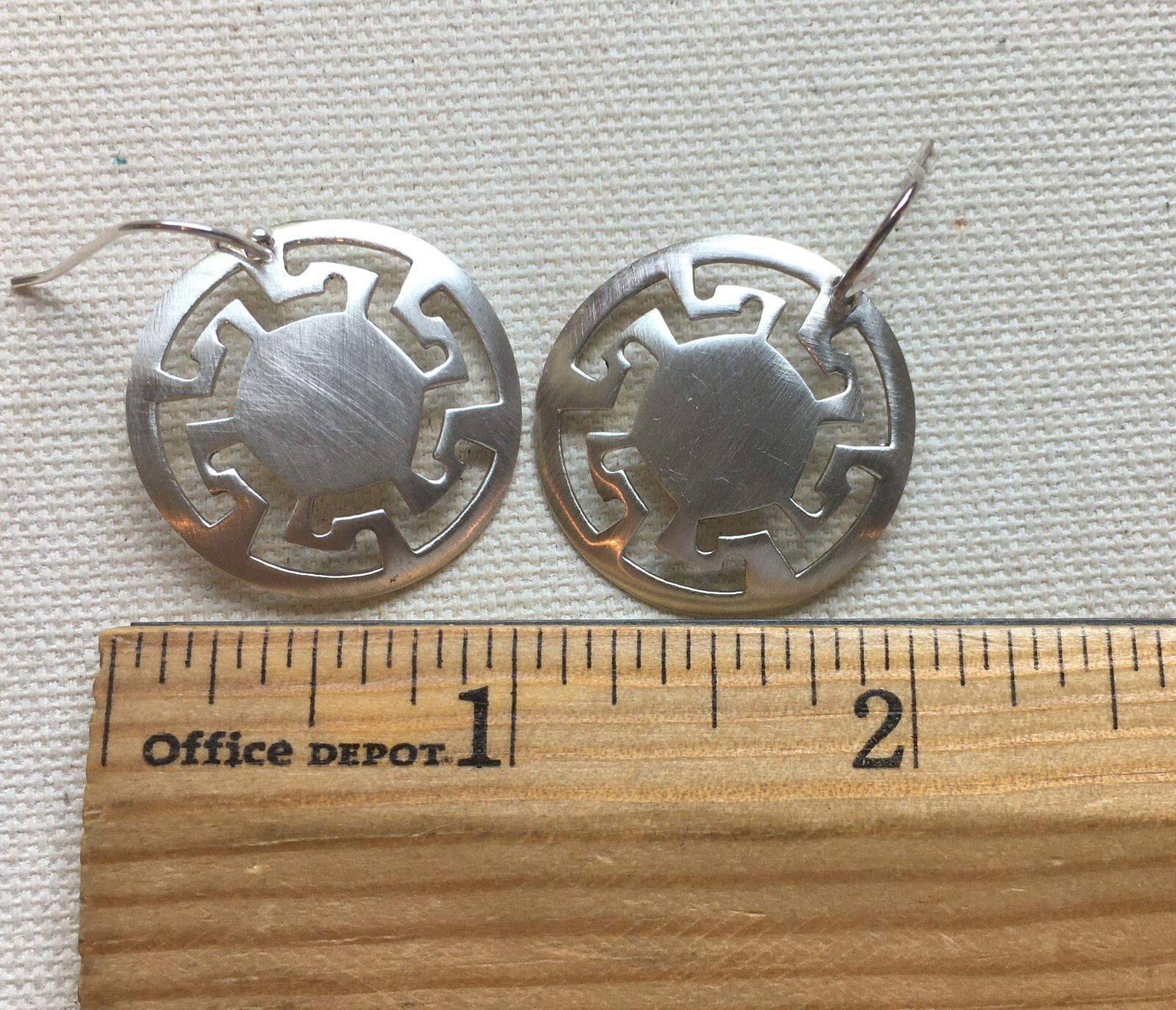 Greek Key Disk Earrings Sterling Modern Artisan Retro Bohemian Southwest 1.5″
