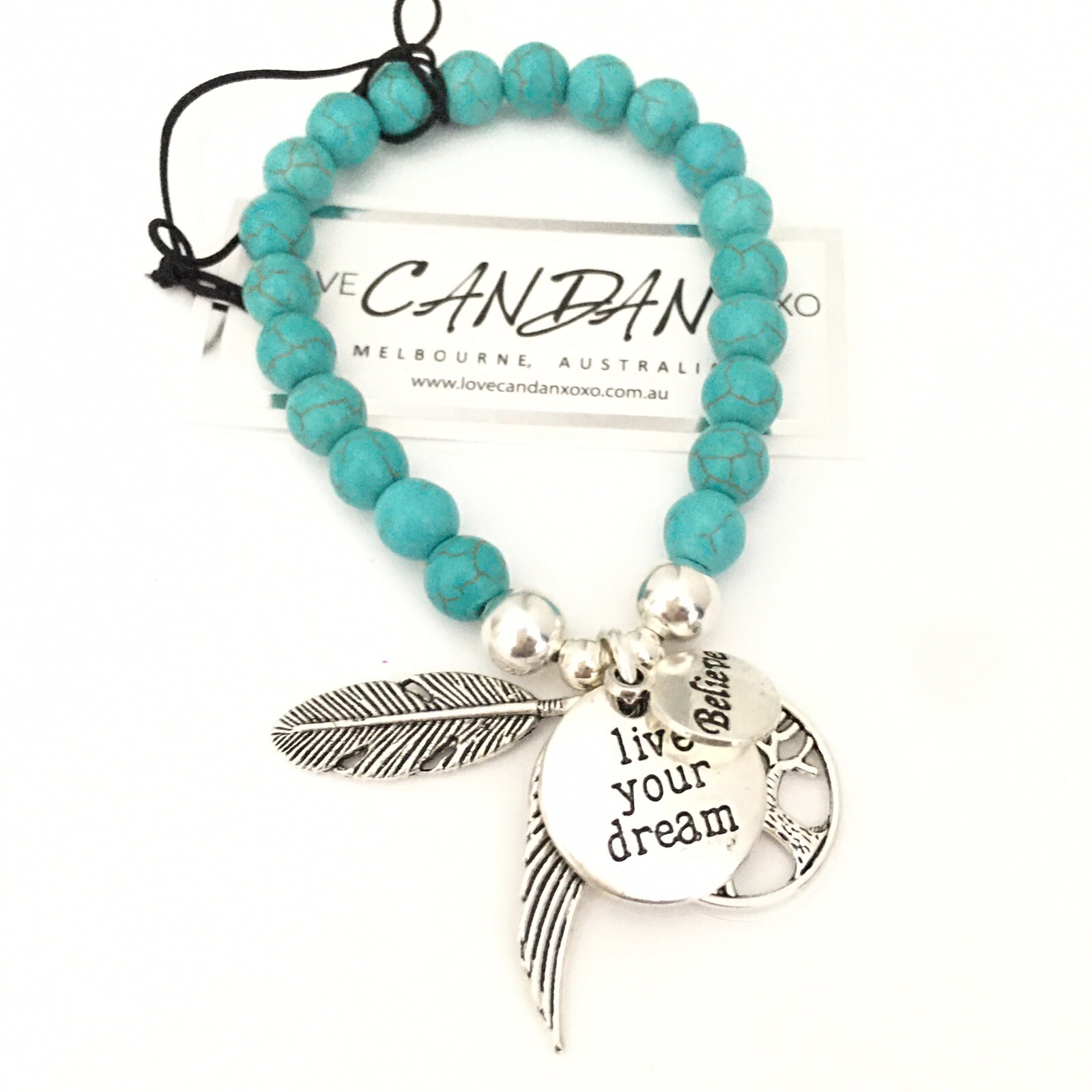 Turquoise Bracelet Live Your Dream Tree Of Life Believe Angel Feather Wing Charm