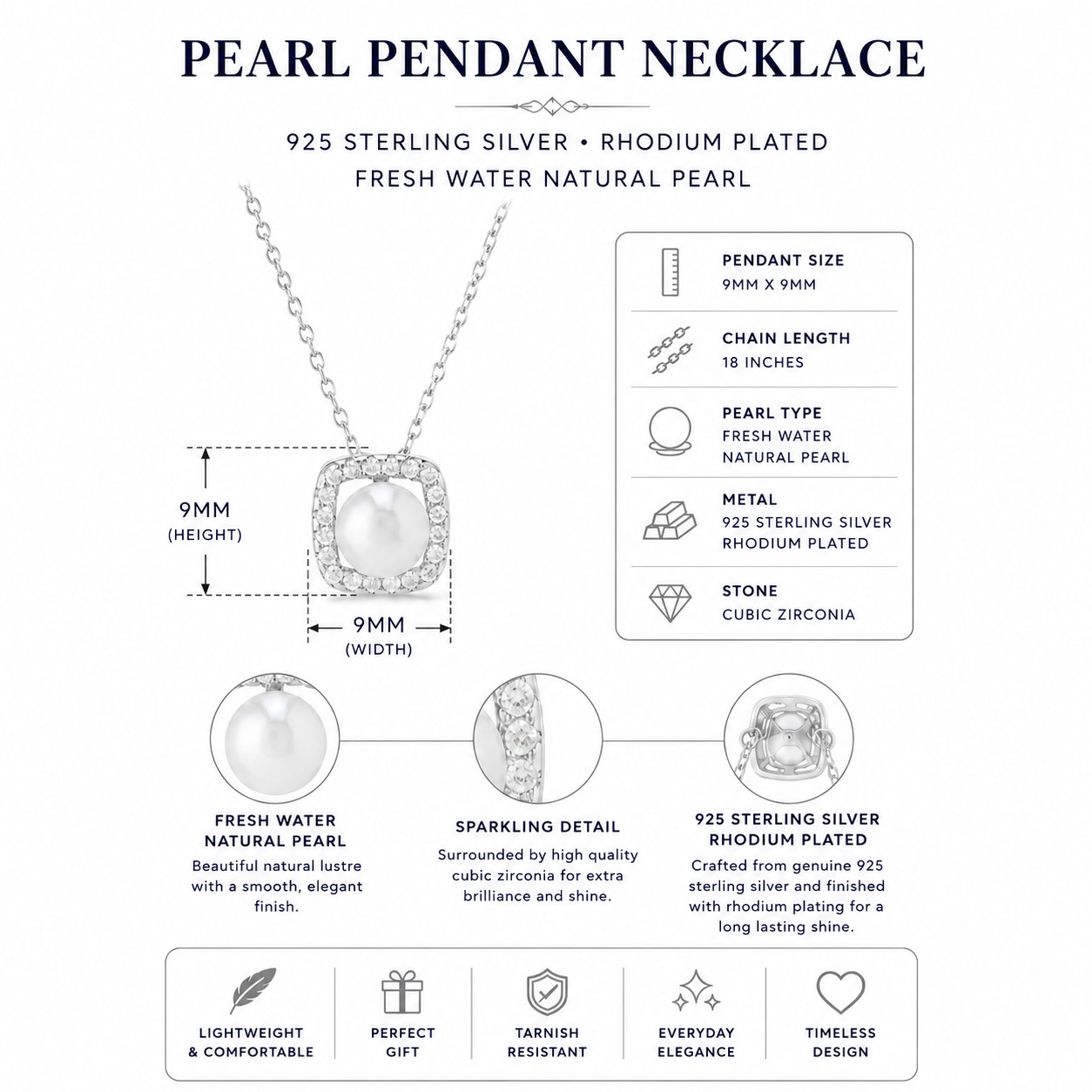 925 Sterling Silver Pearl Halo Necklace Natural Freshwater Pearl 18″