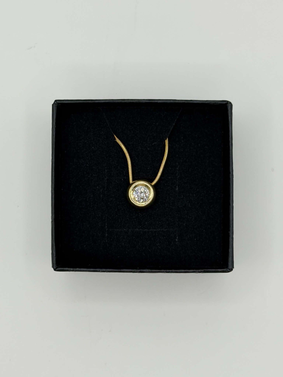 14K Gold Snake Chain Necklace Round Bezel Diamond Charm Pendant