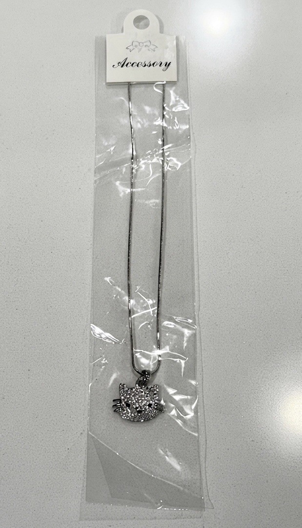 Hello Kitty Silver Tone Rhinestone Charm Pendant Chain 16” Necklace