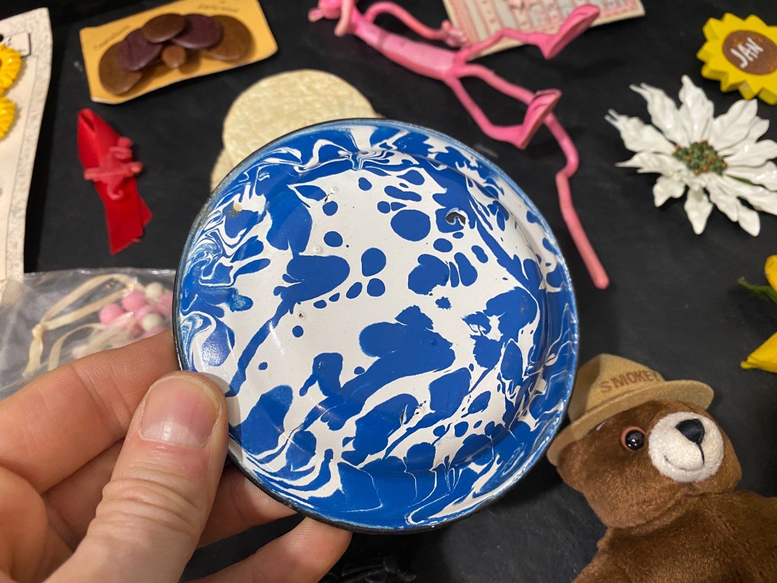Farrell’s doll hat enamelware plate figures pins brooch teddy bear toy lot
