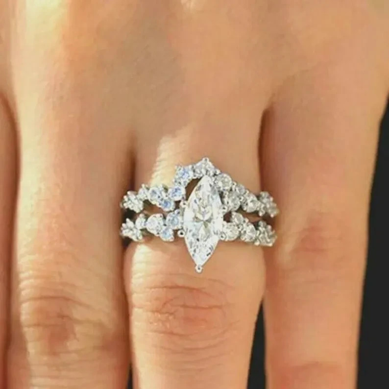 Marquise Moissanite Ring Set 925 Sterling Silver Bridal Wedding Band Women Gifts