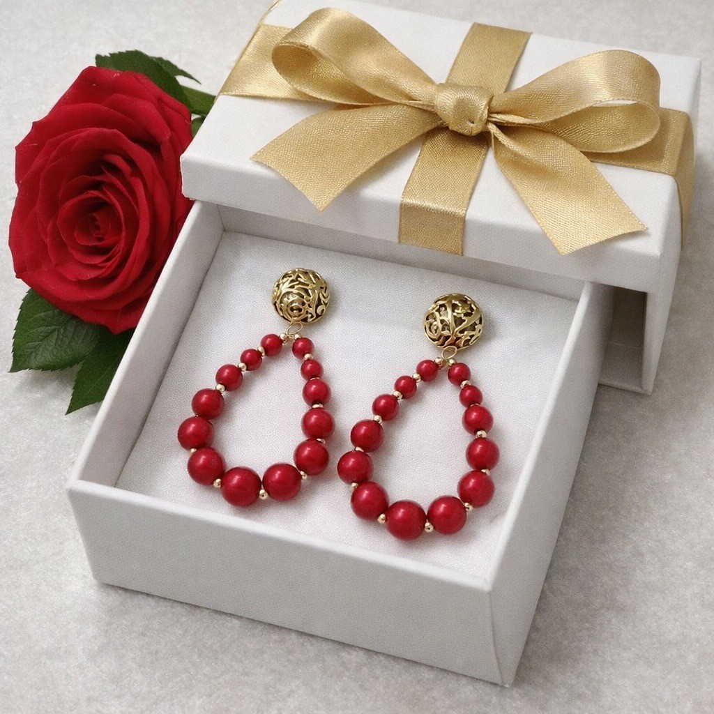 Red Beaded Hoop Drop Earrings Gold Filigree Stud Statement Jewelry Womens