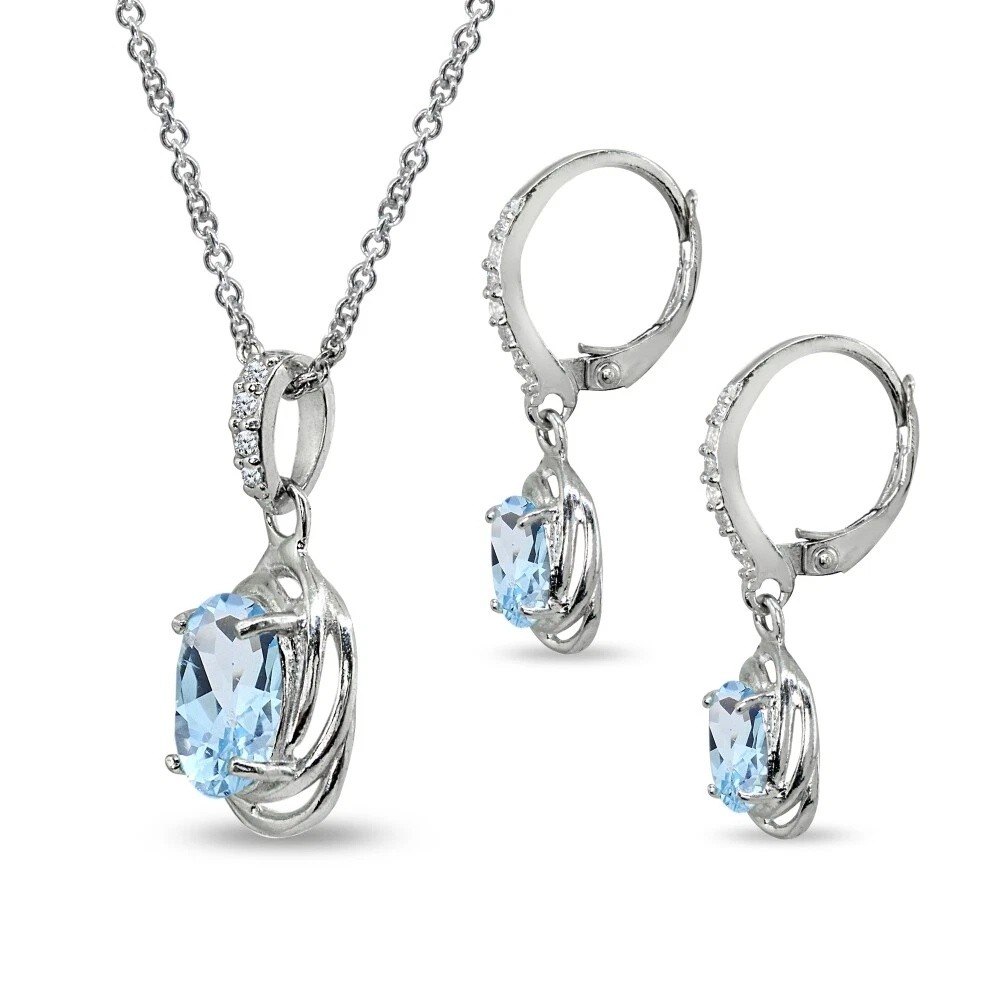 Oval Blue Topaz & CZ Sterling Silver Leverback Earrings & Pendant Necklace Set