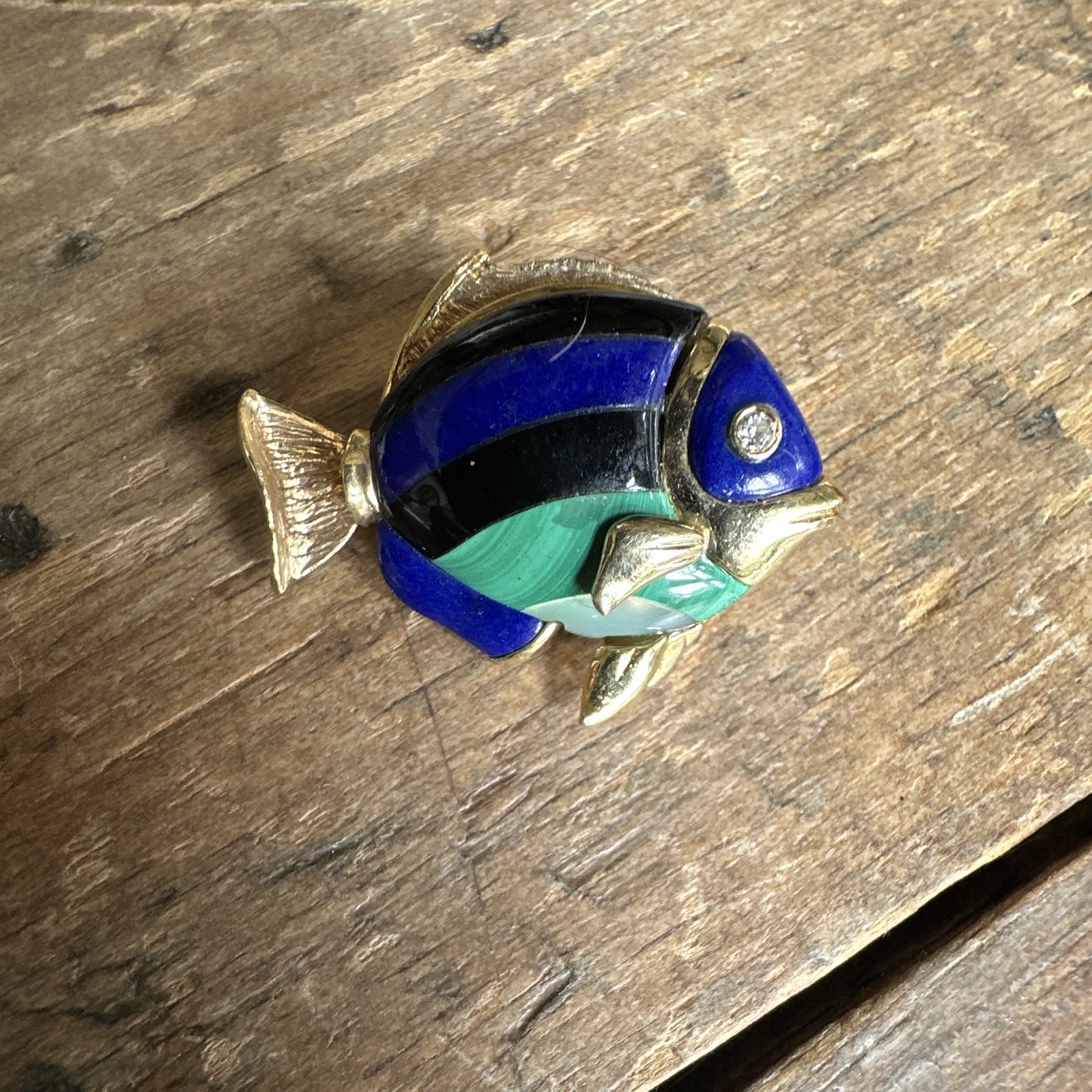 Signed Fish Enamelled Brooch Pin Gold Tone Blue Green Black MPN AA16