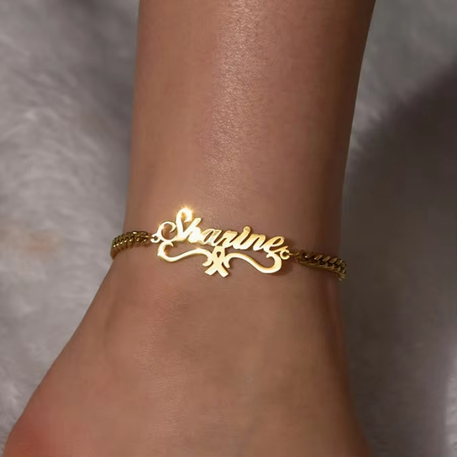 Custom Name Anklet Ribbon Shape Adjustable Jewelry Stainless Steel Women Silver