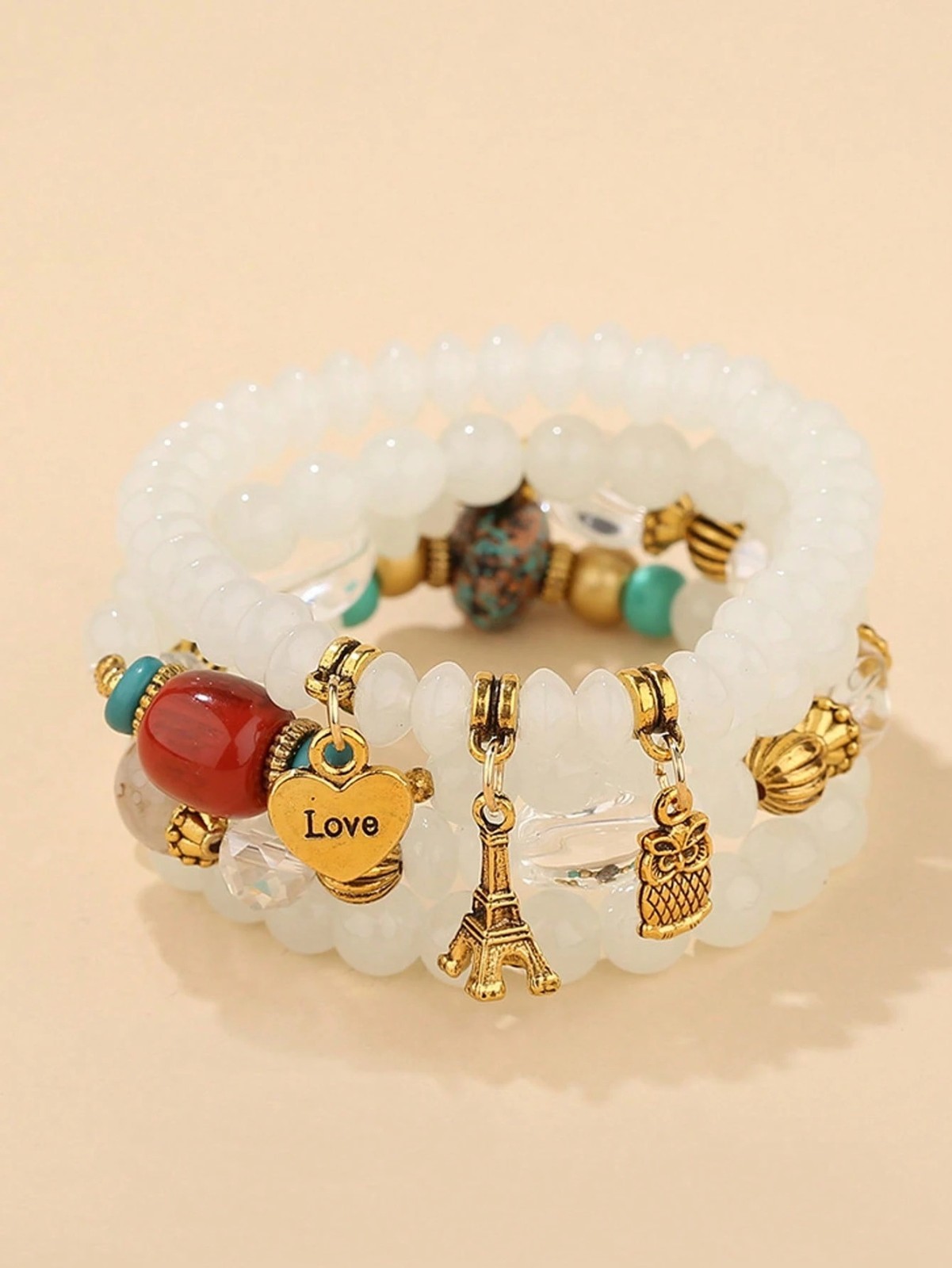 4PCS Boho Beaded Layered Bracelets Heart Owl Ladies Girls Women’s Jewelry Gift