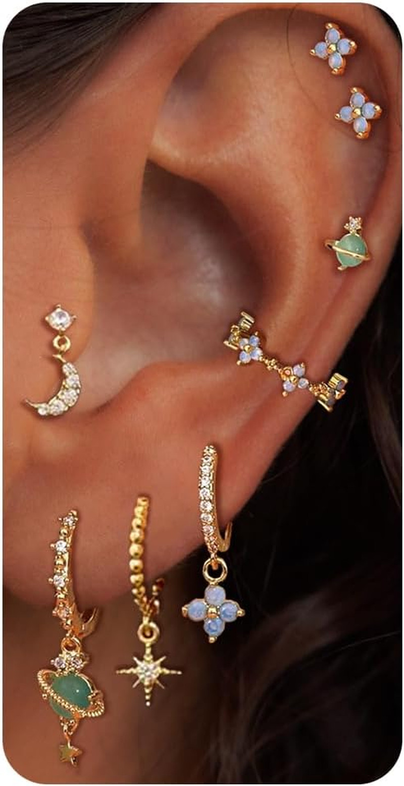 Gold Stud Earring Sets for Multiple Piercing Dainty Flower Leaf CZ Dangle Earrin