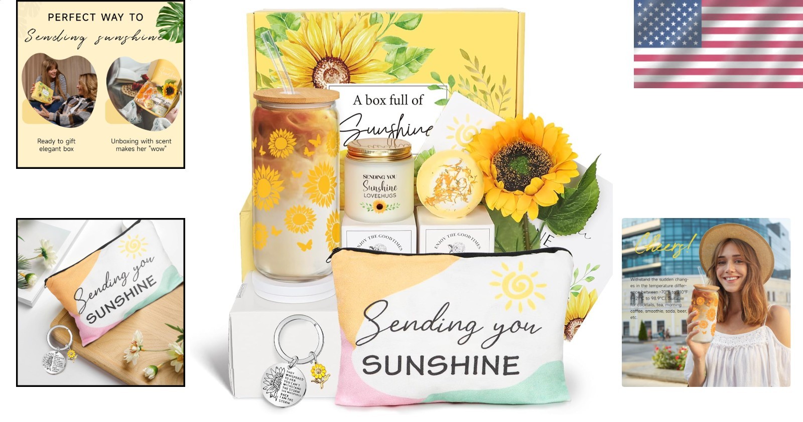 Sunflower Gift Basket for Women, 7pc Sending Sunshine Glass Cup Set